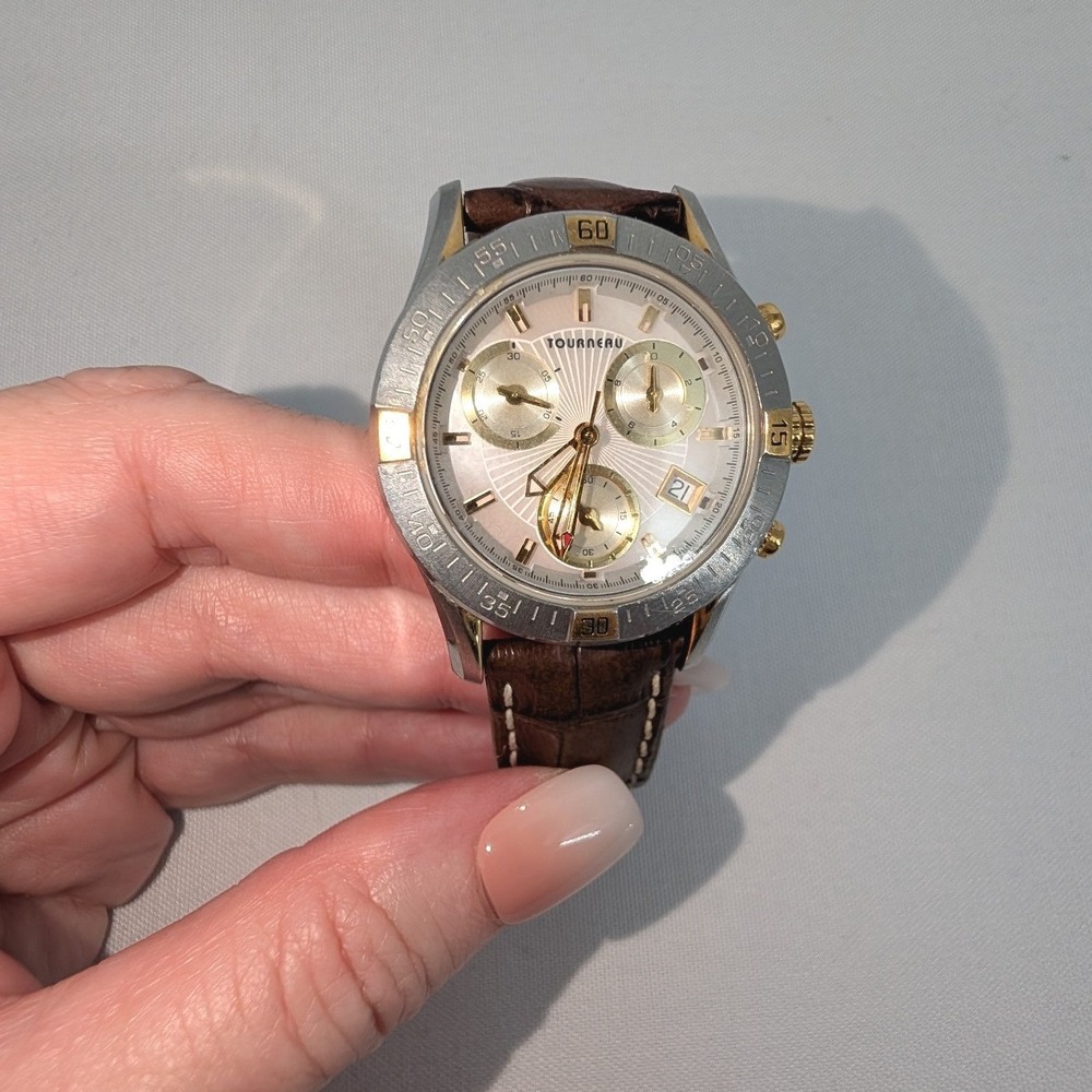 Tourneau Two Tone Chronograph Watch Brown Leather Strap Swiss Movement Date